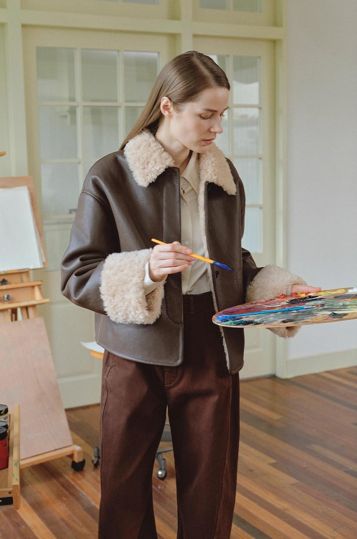 Slightly Sweet Latte Second Generation Furry Lapel Casual Straight Shorn Shearling Jacket