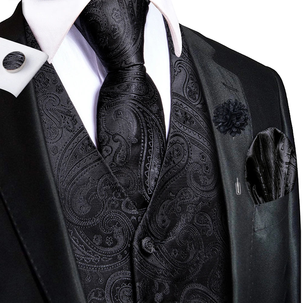Luxury Gold Black Silk Mens Vests Print Jacquard Waistcoat Tie Hanky Cufflinks Brooch Set for Men Wedding Formal Business Hi-Tie