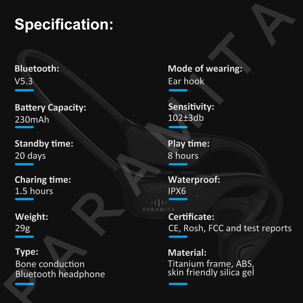 PARAMITA R8 Real Bone Conduction Bluetooth Headphone Wireless BT5.3 Waterproof Sports Headset with Mic for Workouts Run Driving
