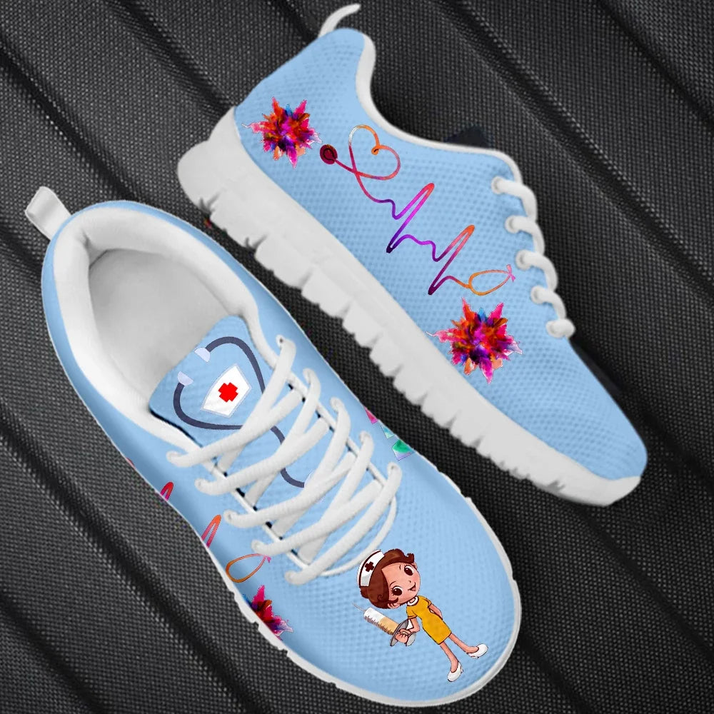 New Cartoon Nurse Shoes for Women Medical Heart Beat Brand Design Breathable Sneakers Flats Shoes Zapatos Mujer