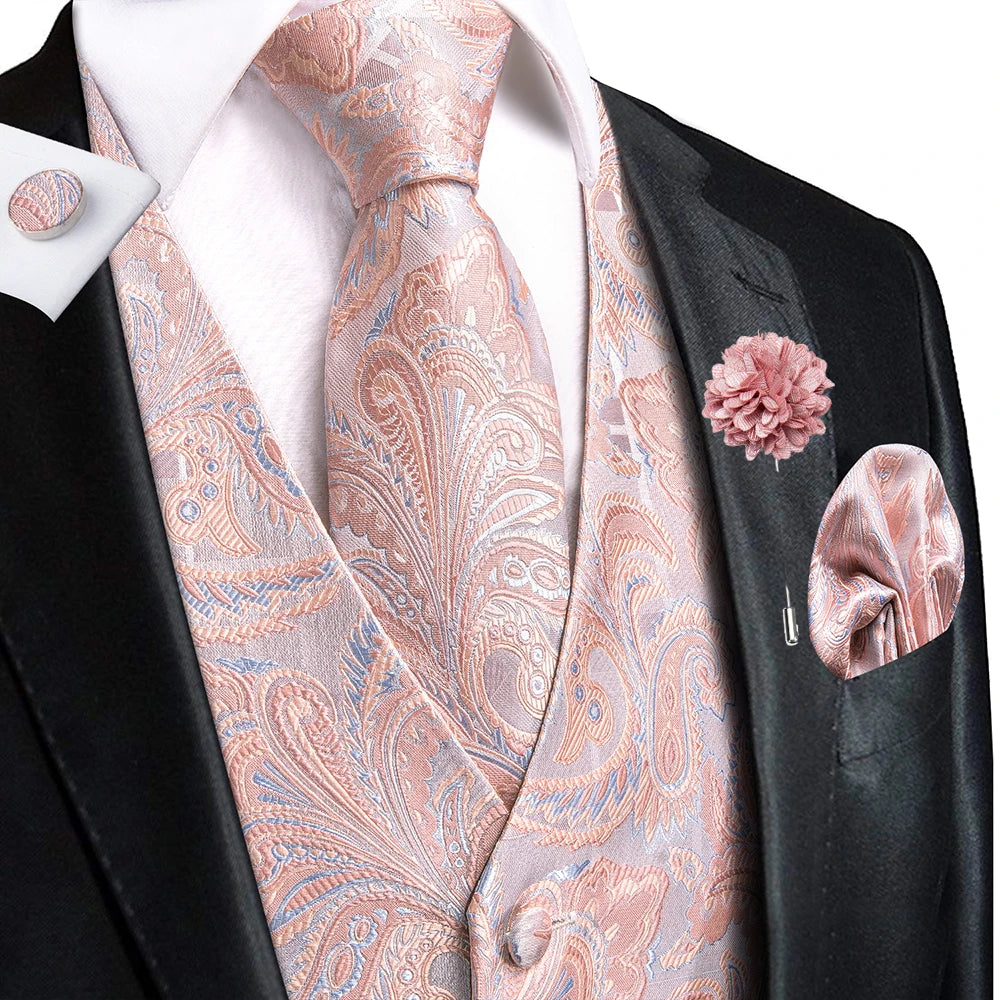 Luxury Gold Black Silk Mens Vests Print Jacquard Waistcoat Tie Hanky Cufflinks Brooch Set for Men Wedding Formal Business Hi-Tie