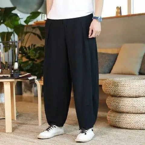 Fashion Summer Casual Pants For Mens Cotton Linen Loose Trousers Trendy Large Size Bloomers Male Home Tai Chi Wide Leg Pants 5XL