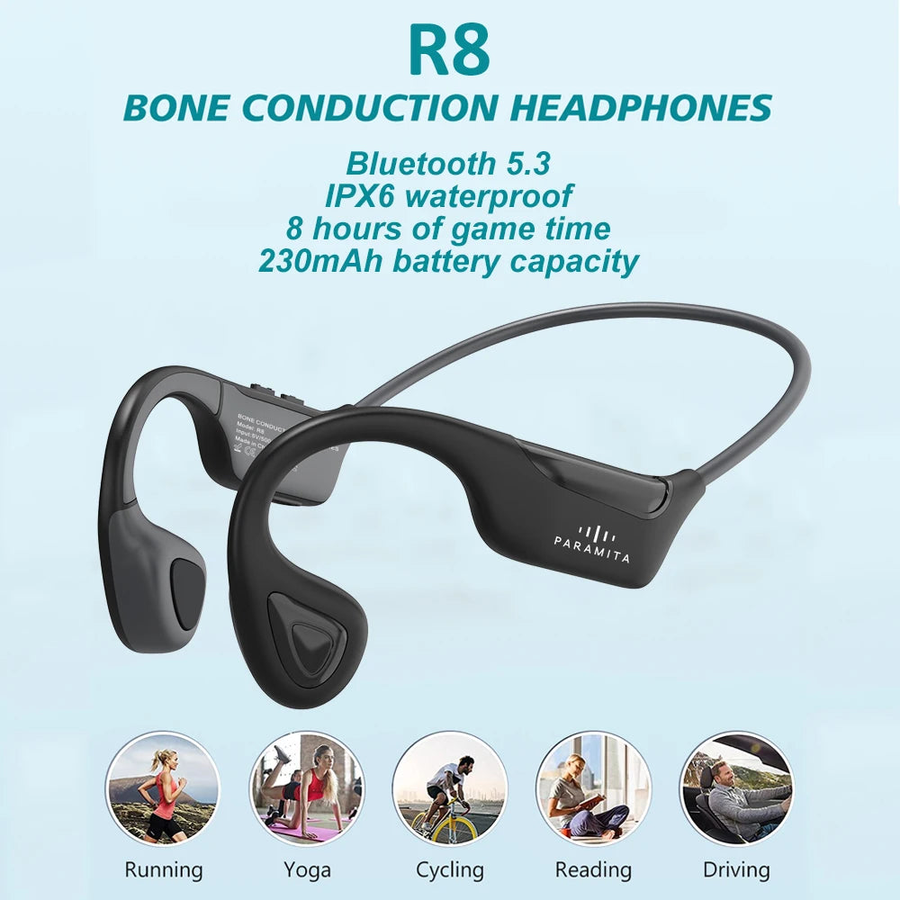 PARAMITA R8 Real Bone Conduction Bluetooth Headphone Wireless BT5.3 Waterproof Sports Headset with Mic for Workouts Run Driving