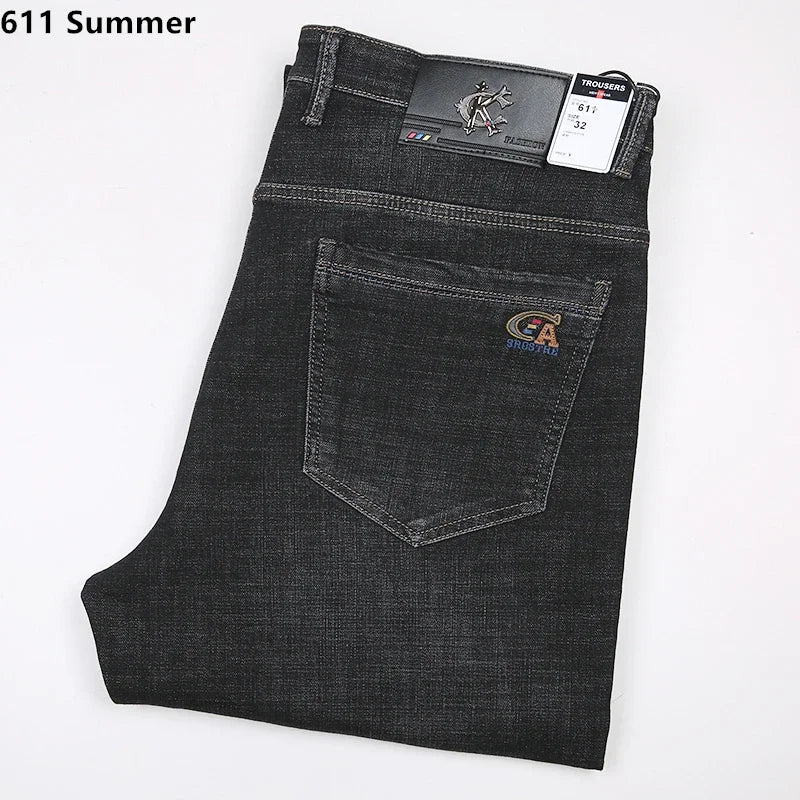 Extra Long Summer Jeans 117CM Tall Mens Thin Stretched Plus Size 40 42 44 Oversized Slim Fit High Waist Blue  Denim Trousers