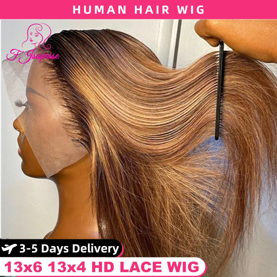 HD 13x6 Highlight Wig Human Hair Glueless Vietnamese Super Double Drown Bone Silk Straight Lace Frontal Wig Brown Lace Front Wig