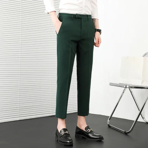 Summer New Solid Color Business Casual Pants Men Slim Fit Social Suit Pant Formal Office Ankle Length Trousers Streetwears 36-29