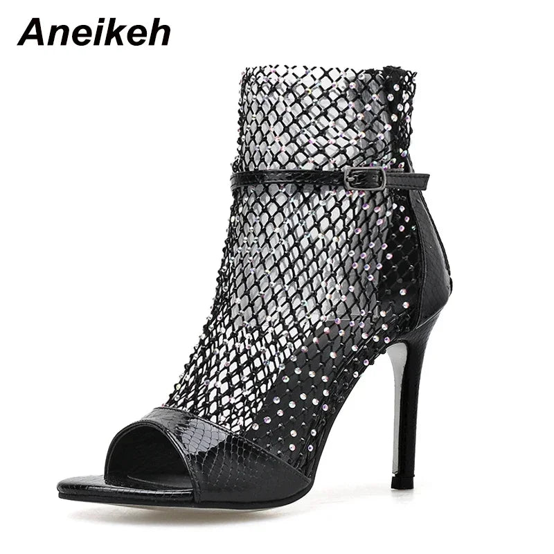 Aneikeh NEW Summer Glitter Gladiator Air mesh Sexy Sandals Shoes Woman High Heel Peep Toe Stripper Zipper Party Thin Heels Pumps