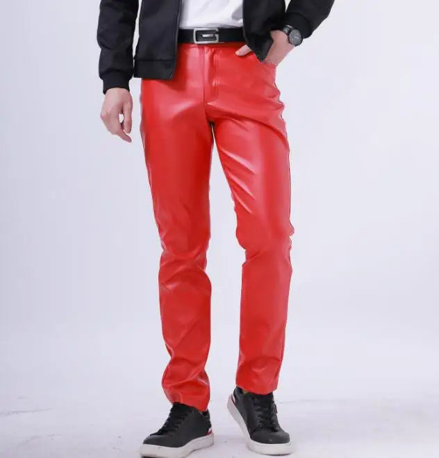 2024 New Men's Leather Pants Fashion Slim PU Trousers Red Blue Black Gray White Pantalones Hombre