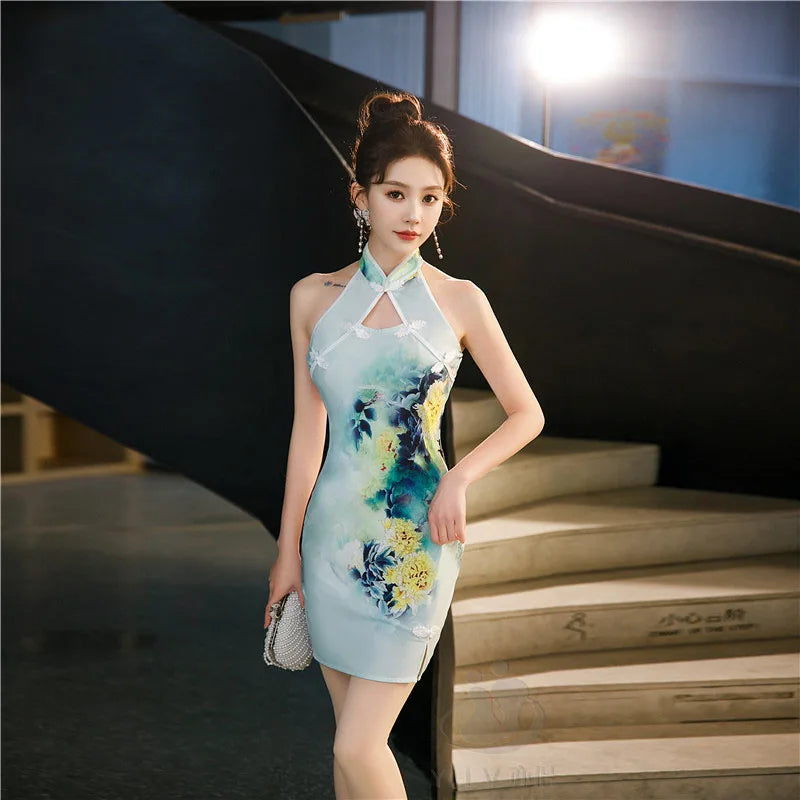 Green Blue Chinese National Cheongsam Women Summer Sexy Backless Dress Sleeveless Floral Vintage Dress Long Qipao S to 5XL