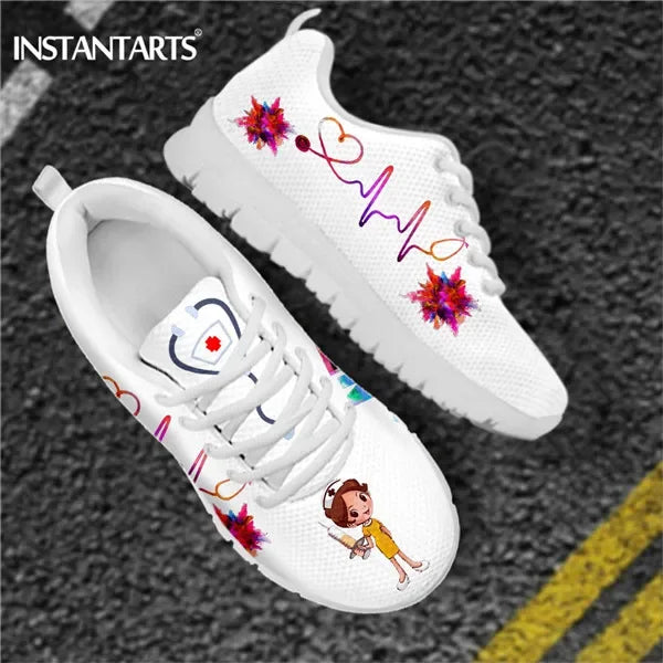 New Cartoon Nurse Shoes for Women Medical Heart Beat Brand Design Breathable Sneakers Flats Shoes Zapatos Mujer