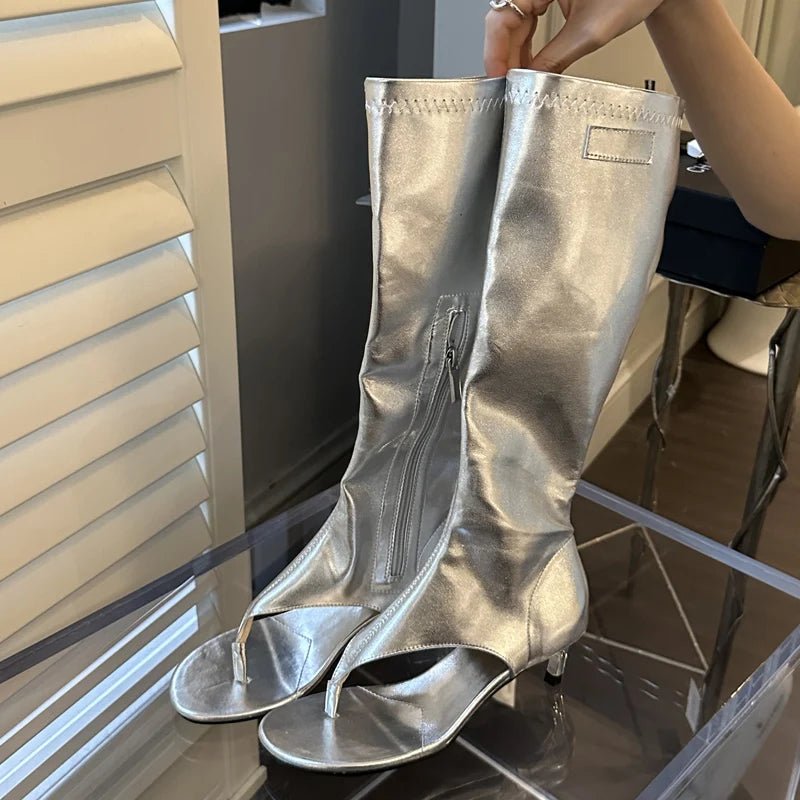 Eilyken Clip Toe Low Heels Knee High Boot Sandals Woman Fashion Zipper Banquet Summer Shoes Designer Flip Flops Botas Mujer