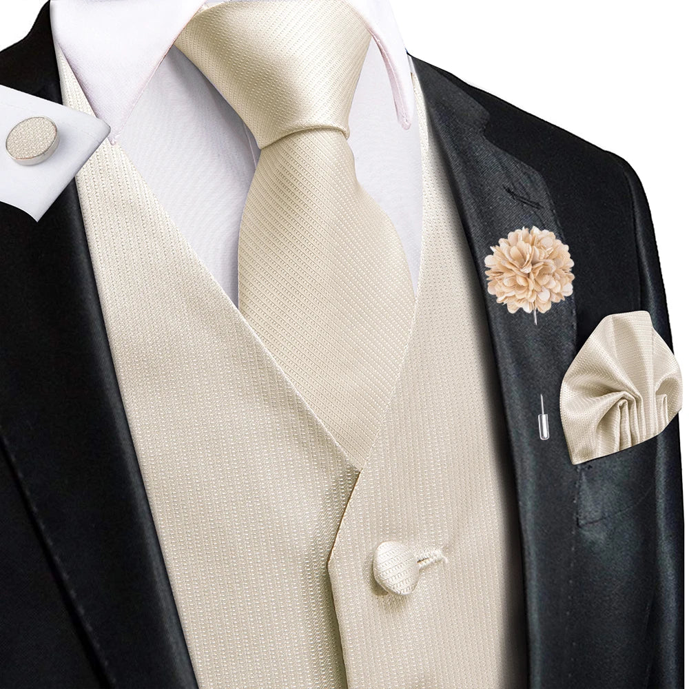 Luxury Gold Black Silk Mens Vests Print Jacquard Waistcoat Tie Hanky Cufflinks Brooch Set for Men Wedding Formal Business Hi-Tie