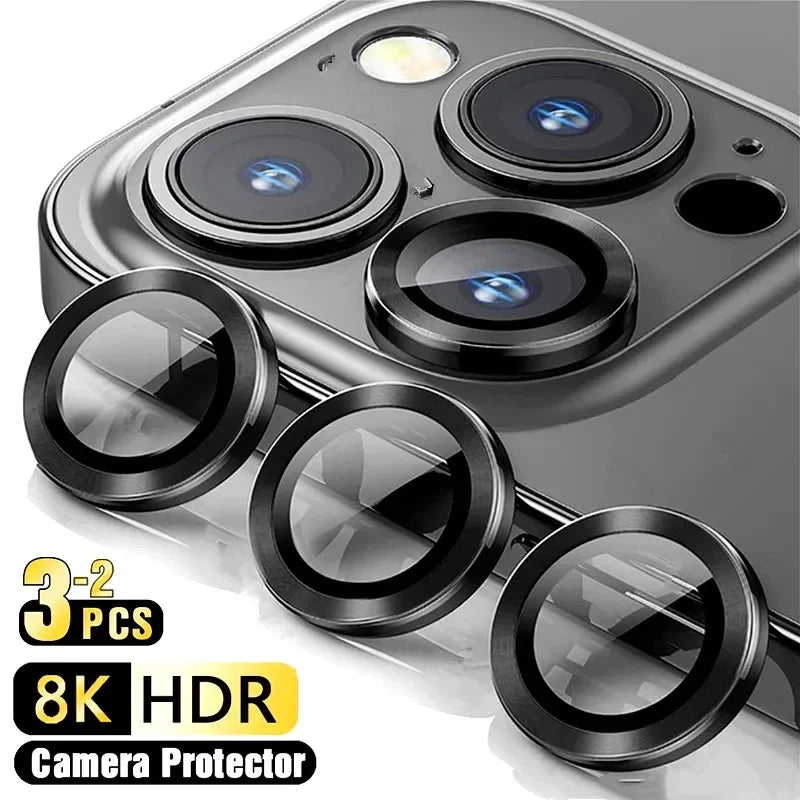 Detta är ett "3-2PCS Camera Lens Protector" för iPhone 17 Pro Max/17Pro/17Air med metallring och glasskydd. Produkten har en aluminiumlegerad ram med 3D-textur som både skyddar kameralinsen och ger telefonen en stilren look