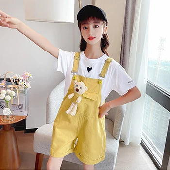 3-10 Years Girls Suspender Jeans Cute Bear Doll Overalls New Fashion Korean Teenage Girls Denim Shorts Children Birthday Present