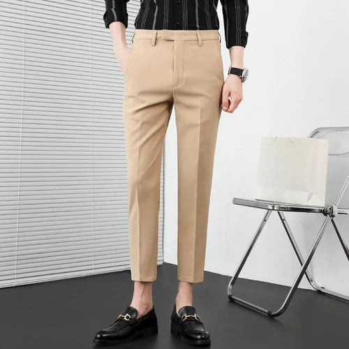 Summer New Solid Color Business Casual Pants Men Slim Fit Social Suit Pant Formal Office Ankle Length Trousers Streetwears 36-29
