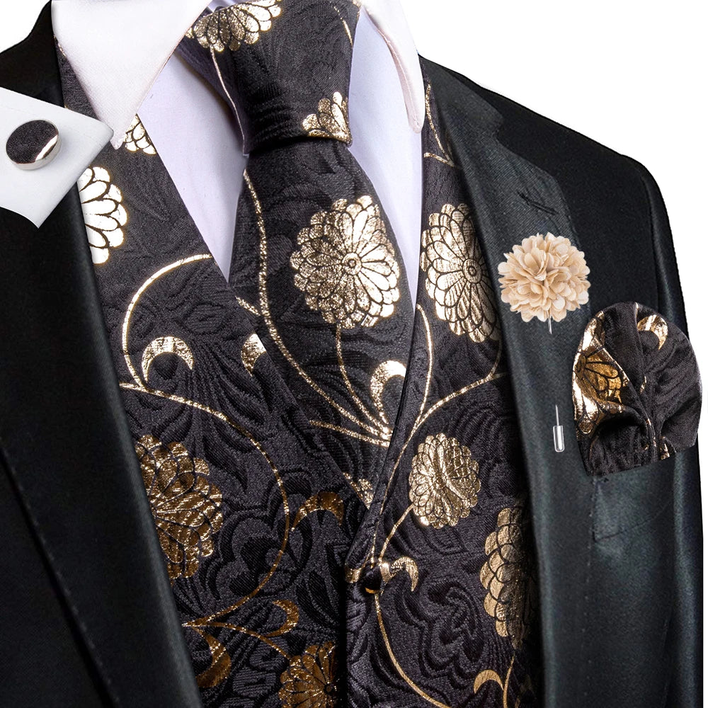 Luxury Gold Black Silk Mens Vests Print Jacquard Waistcoat Tie Hanky Cufflinks Brooch Set for Men Wedding Formal Business Hi-Tie