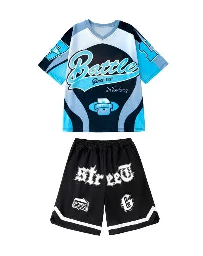 New Summer Teens Loose Blue T-Shirt Pants Black Shorts Boys Hip Hop Outfits Modern Jazz Dance Costume Girl Kpop Performance Wear