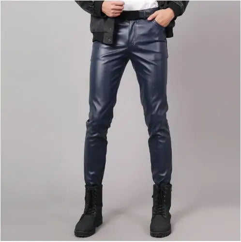 2024 New Men's Leather Pants Fashion Slim PU Trousers Red Blue Black Gray White Pantalones Hombre