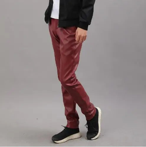 2024 New Men's Leather Pants Fashion Slim PU Trousers Red Blue Black Gray White Pantalones Hombre