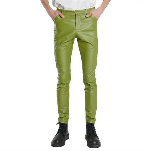 2024 New Men's Leather Pants Fashion Slim PU Trousers Red Blue Black Gray White Pantalones Hombre