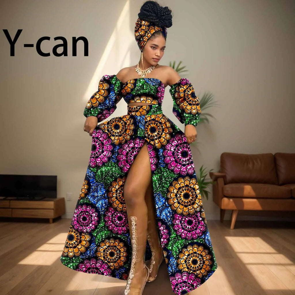 African Women Sexy Sets Two Pieces 2024 Ankara Print Tube Top High Slit Skirt Free Headscarf Female Outfits Women Dress 2426016