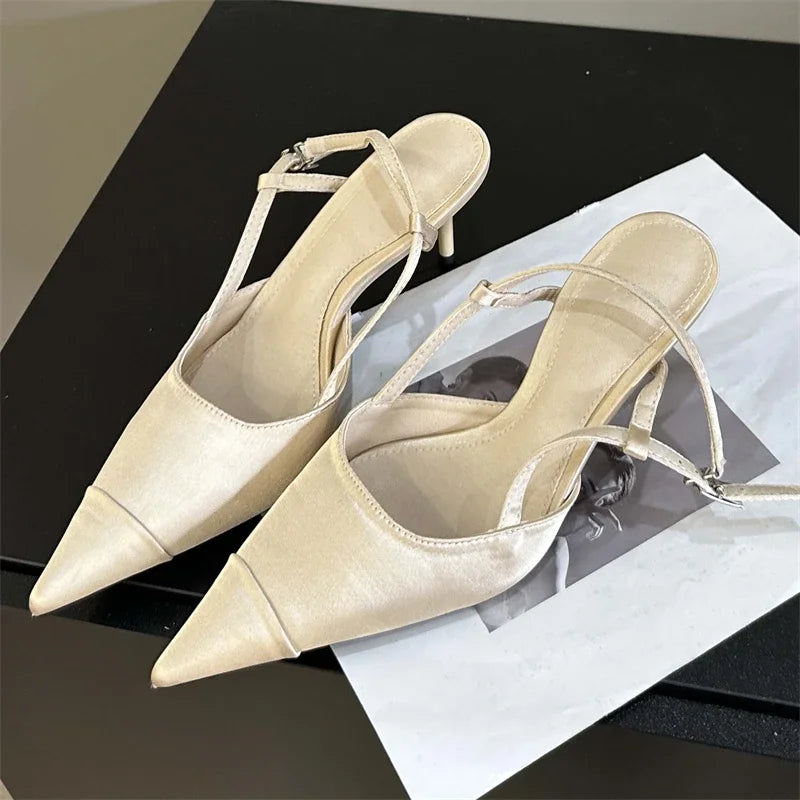 Eilyken High Quality Satin Buckle Strap Women Pumps Sandals Fashion Shallow Thin Heels Pointed Toe Slingback Mules Shoes