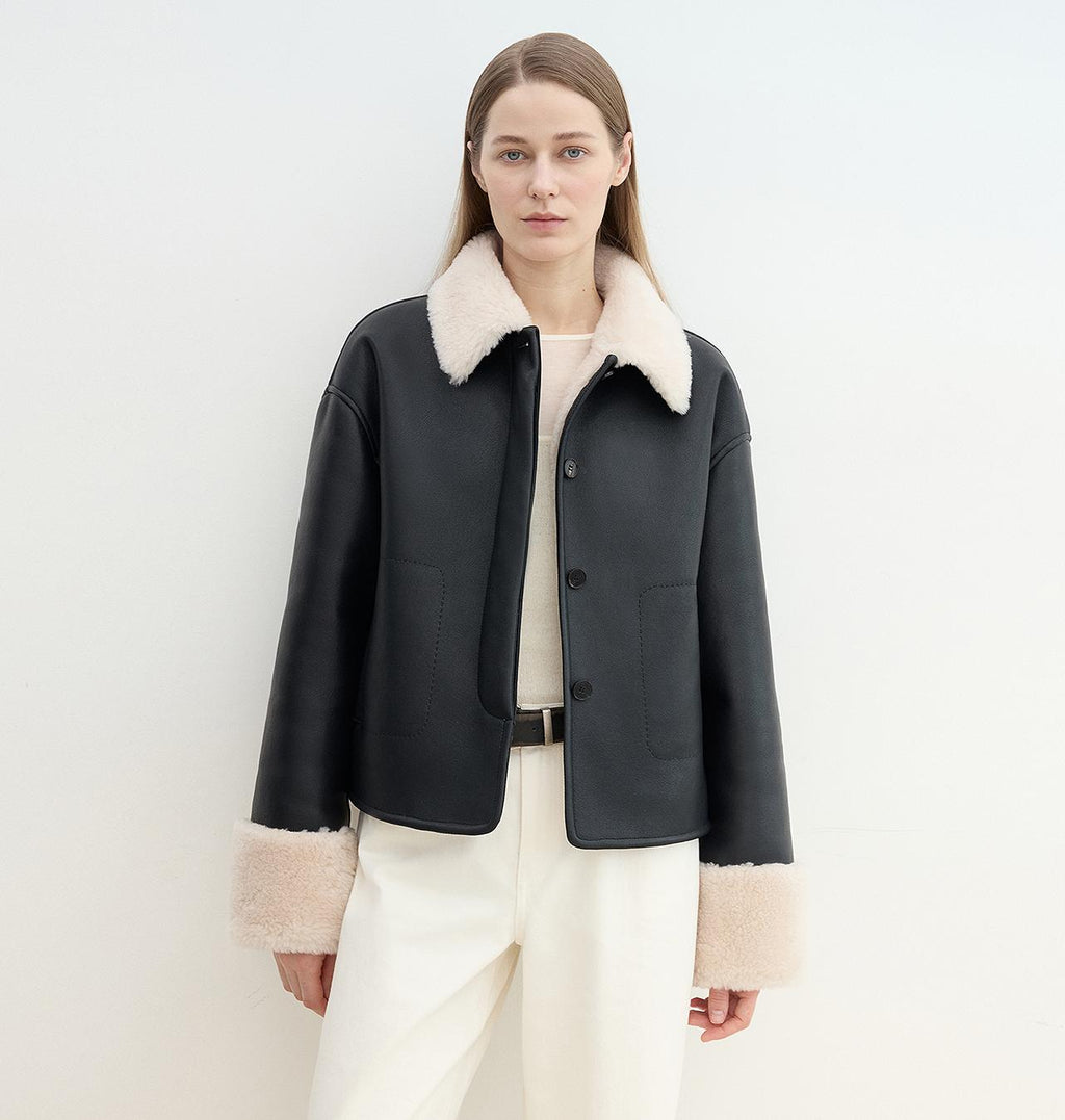 Slightly Sweet Latte Second Generation Furry Lapel Casual Straight Shorn Shearling Jacket