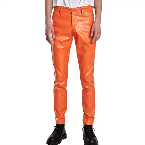 2024 New Men's Leather Pants Fashion Slim PU Trousers Red Blue Black Gray White Pantalones Hombre
