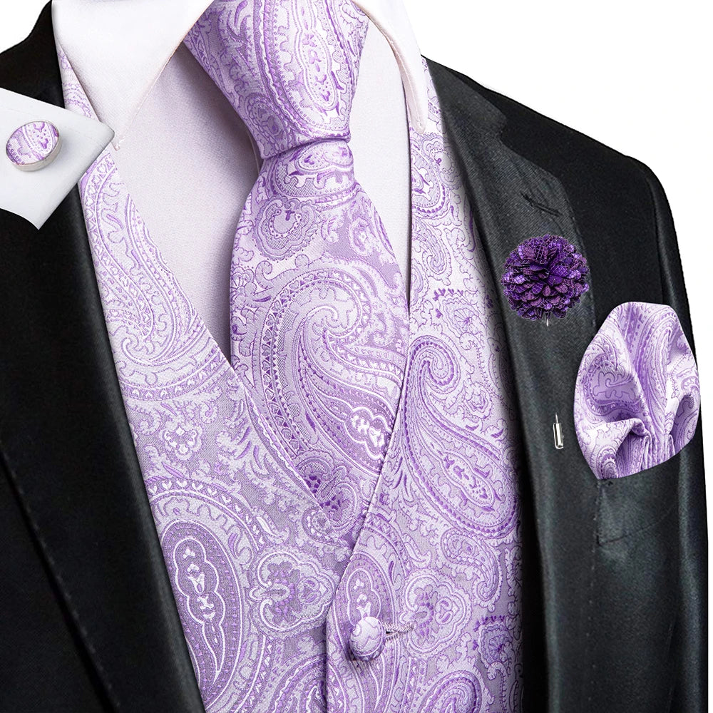 Luxury Gold Black Silk Mens Vests Print Jacquard Waistcoat Tie Hanky Cufflinks Brooch Set for Men Wedding Formal Business Hi-Tie