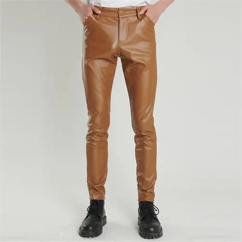2024 New Men's Leather Pants Fashion Slim PU Trousers Red Blue Black Gray White Pantalones Hombre