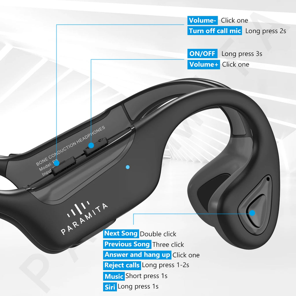 PARAMITA R8 Real Bone Conduction Bluetooth Headphone Wireless BT5.3 Waterproof Sports Headset with Mic for Workouts Run Driving