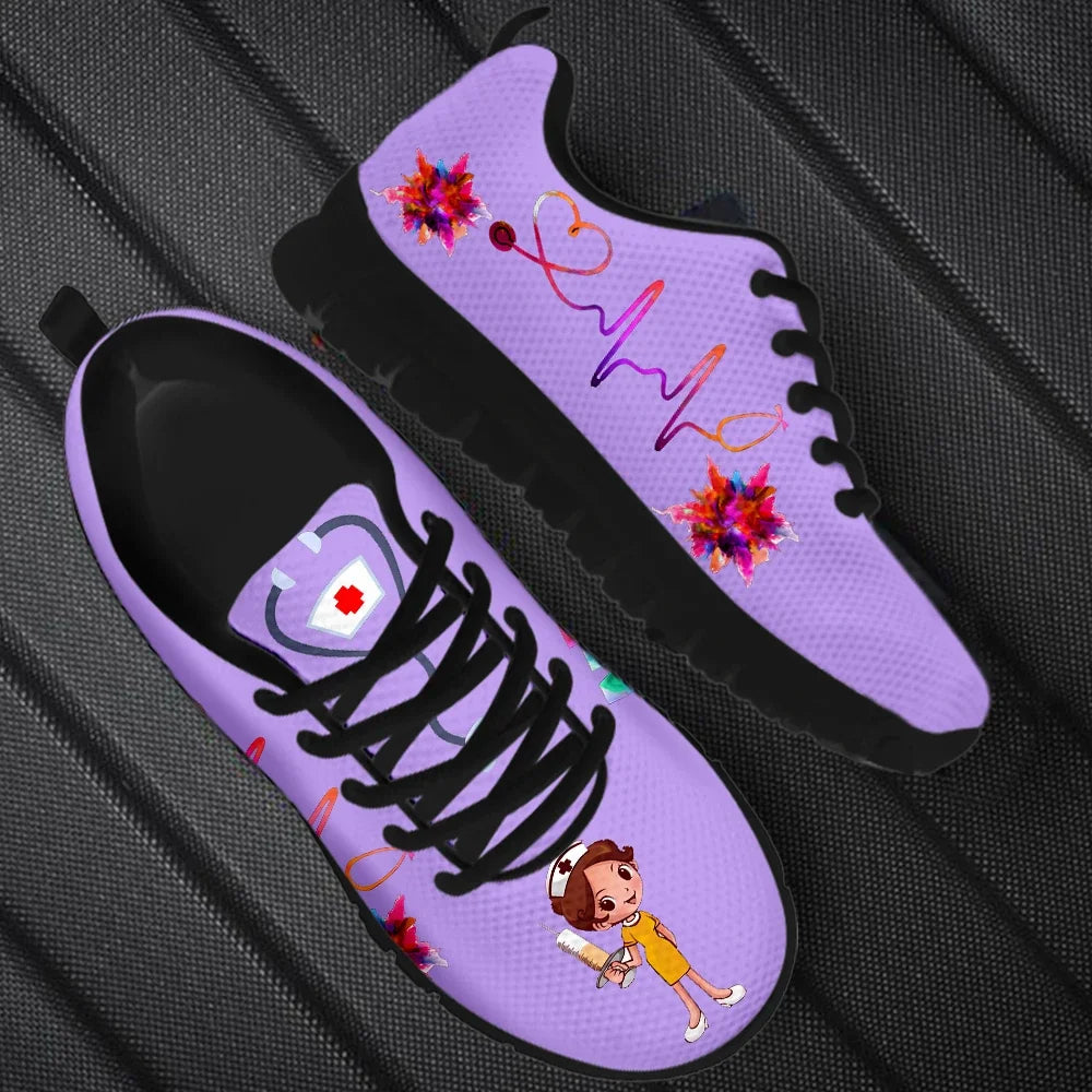 New Cartoon Nurse Shoes for Women Medical Heart Beat Brand Design Breathable Sneakers Flats Shoes Zapatos Mujer