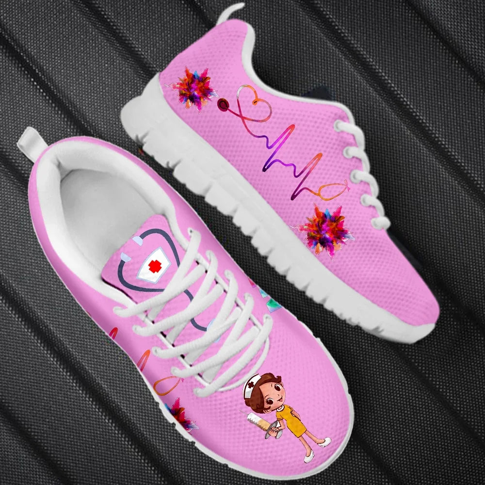 New Cartoon Nurse Shoes for Women Medical Heart Beat Brand Design Breathable Sneakers Flats Shoes Zapatos Mujer