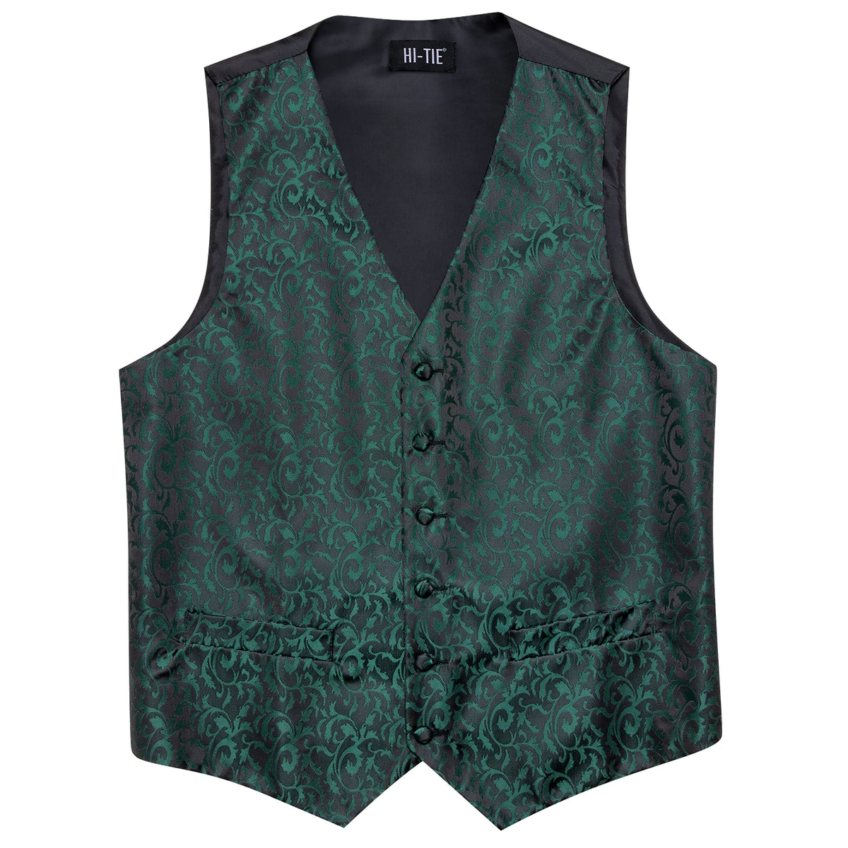 Hi-Tie Men's Silk Vests Fashion Dark Green Floral Jacquard Handkerchief Cufflinks Necktie Sleeveless Wistcoat Sets Wedding Party