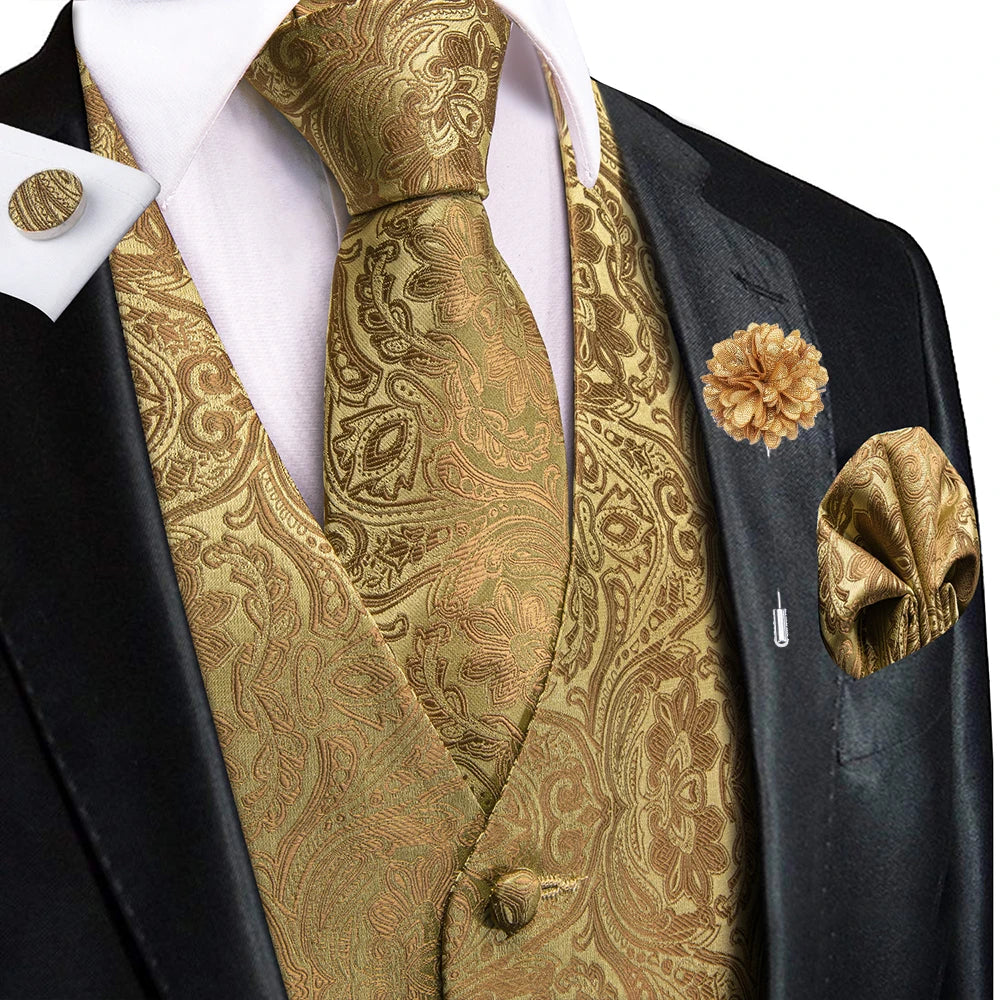 Luxury Gold Black Silk Mens Vests Print Jacquard Waistcoat Tie Hanky Cufflinks Brooch Set for Men Wedding Formal Business Hi-Tie