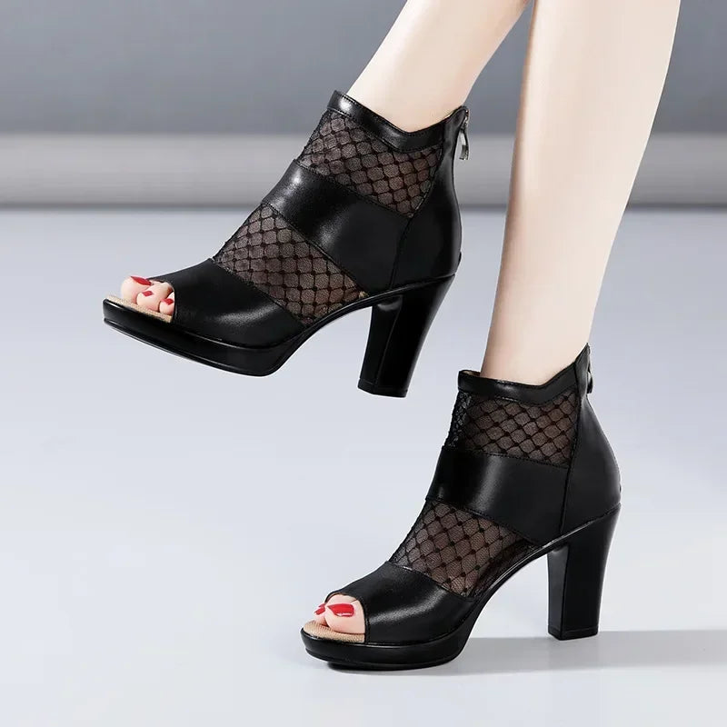 Small Size 32-43 Peep Toe Cutout Lace Soft Leather Shoes Women Summer 2024 Block High Heels Gladiator Sandals Sexy Booties