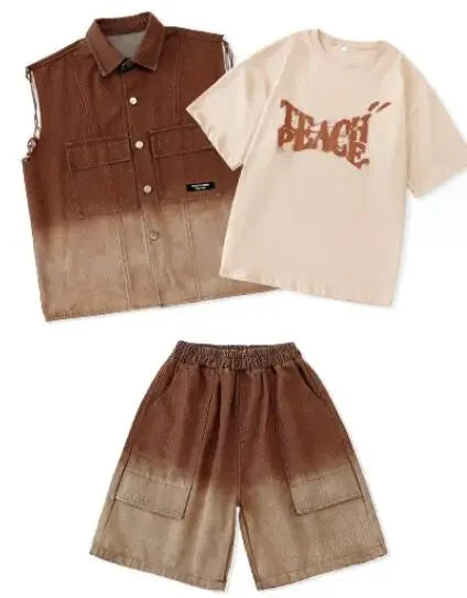 Sets Kids Showing Cool Tee Street Dance Child Jazz Costumes Boys Hip Hop Brown T-shirt Girls Loose Print Cargo Shorts Clothes