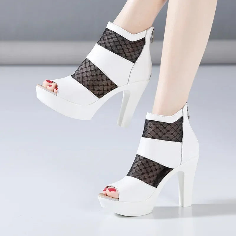 Small Size 32-43 Peep Toe Cutout Lace Soft Leather Shoes Women Summer 2024 Block High Heels Gladiator Sandals Sexy Booties
