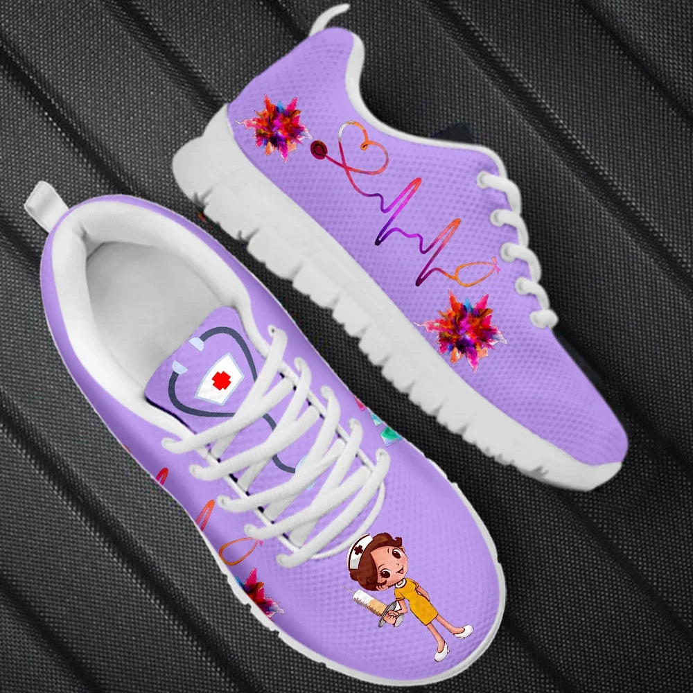 New Cartoon Nurse Shoes for Women Medical Heart Beat Brand Design Breathable Sneakers Flats Shoes Zapatos Mujer