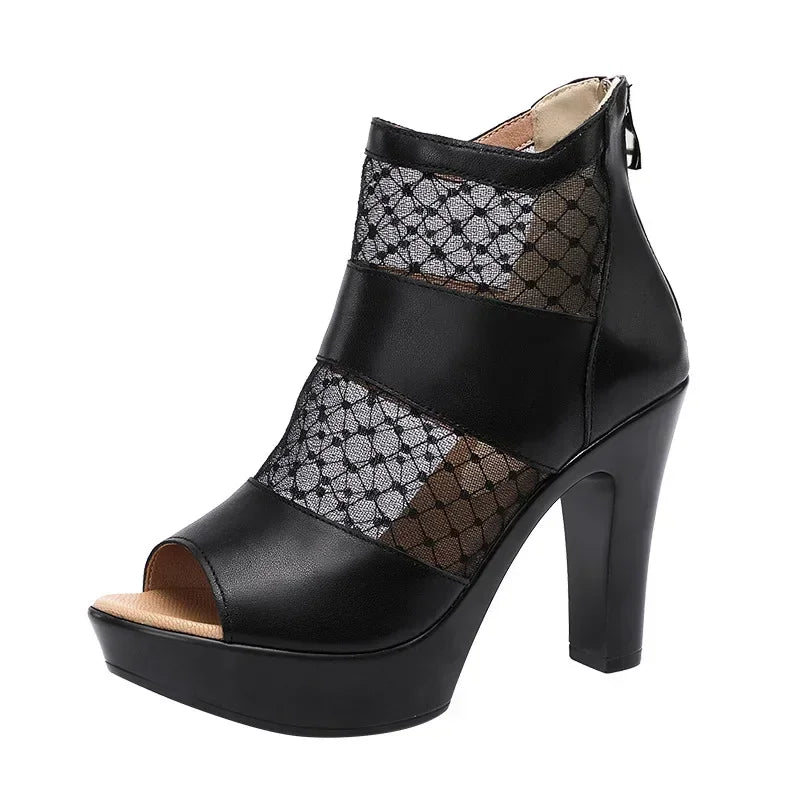 Small Size 32-43 Peep Toe Cutout Lace Soft Leather Shoes Women Summer 2024 Block High Heels Gladiator Sandals Sexy Booties